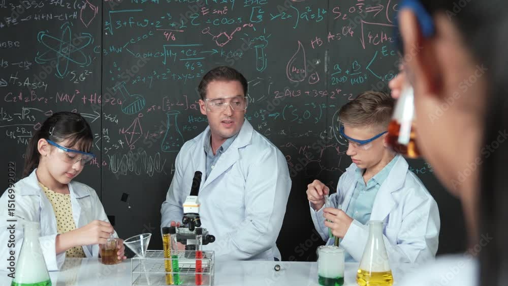 Poster smart teacher explain about chemical theory while student mixing colored solution or doing experimen