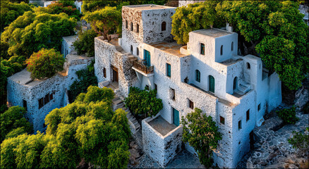 Whitewashed Buildings in Patmos Greece Surrounded by Lush Greenery, Ideal for Travel and Vacation Planning, Showcasing Mediterranean Architecture