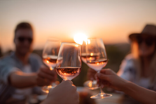 People toasting rose wine outside at a winery. Lifestyle concept with friend enjoying good time.	