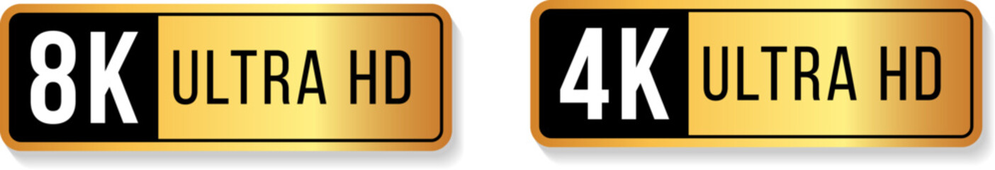 Shiny 4K and 8K Ultra HD resolution badges with black and gold contrast for premium display labels and high-definition streaming quality indicators