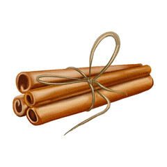 Watercolor style illustration of a bunch of cinnamon sticks tied with thin twine, done in warm brown tones with realistic texture.
