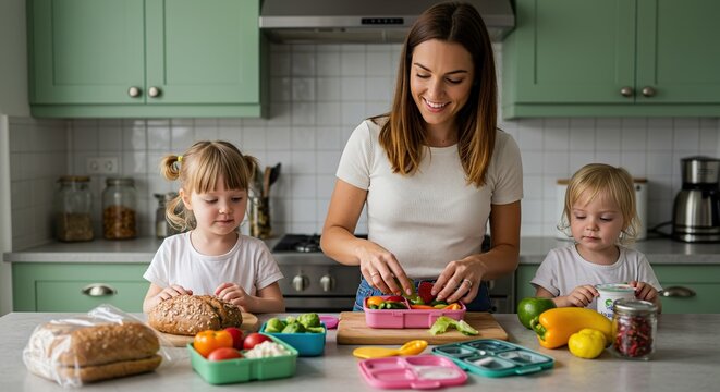 Mother Preparing Healthy School Lunches for Children in Kitchen Happy Family Lifestyle Concept