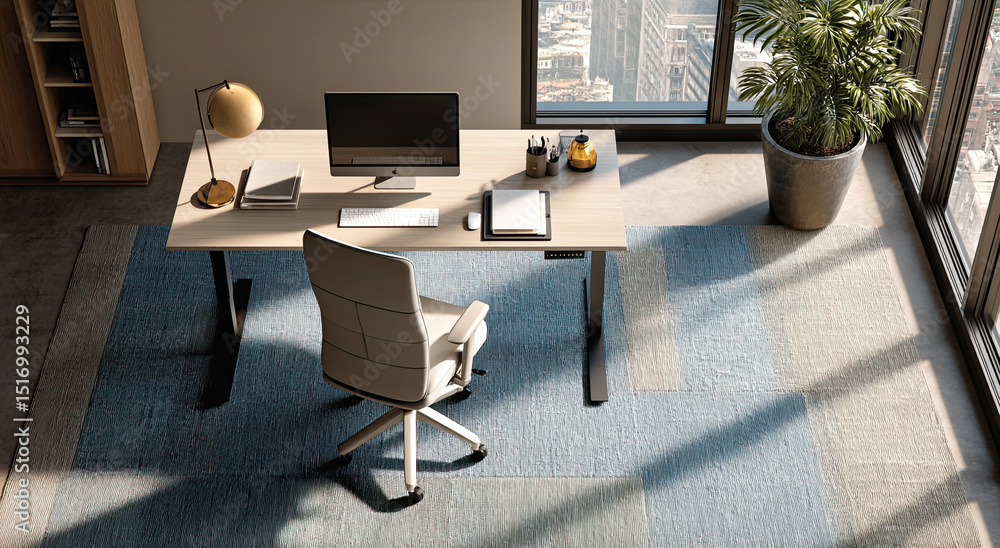 Poster modern office workspace with adjustable standing desk and city view, representing productivity and c