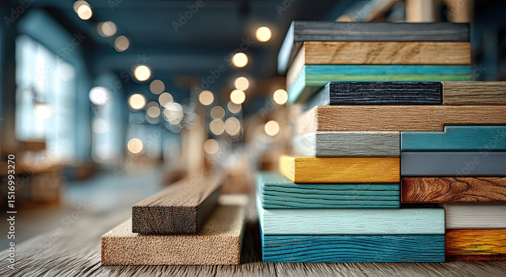 Poster colorful wooden blocks stacked on table in blurred room, symbolizing material selection and construc