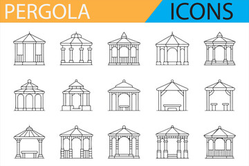 Icon collection featuring various pergola designs for garden, patio, and backyard projects.