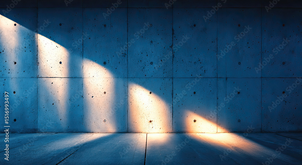 Poster sunlight streaming across concrete wall and floor, representing minimalist architecture and industri