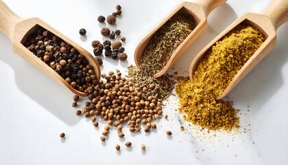Spilled Aromatic Spices in Wooden Scoops on Bright White Marble Surface