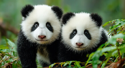 Two Baby Pandas Cuddling in Lush Greenery, Symbolizing Conservation and Wildlife Preservation Efforts, Ideal for Environmental Awareness Campaigns and Educational Material