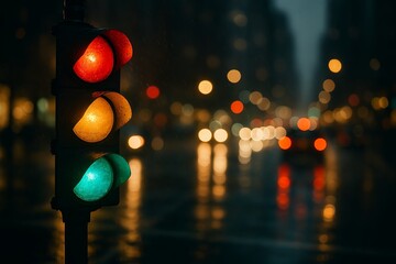 Traffic light glowing in rainy city night with colorful bokeh