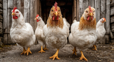 Fototapeta premium Group of White Chickens Standing Near Barn Door, Depicting Farm Freshness and Sustainable Agriculture