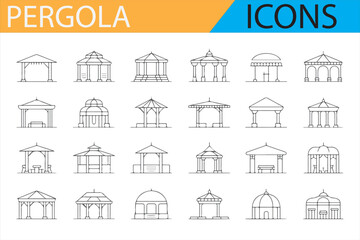 Set of 12 pergola icons representing various garden structures and designs.