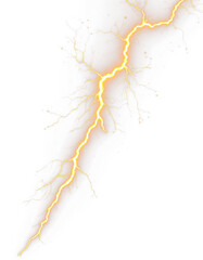 Yellow lightning discharge isolated on transparent background in PNG format shows intense electric energy and glowing streaks