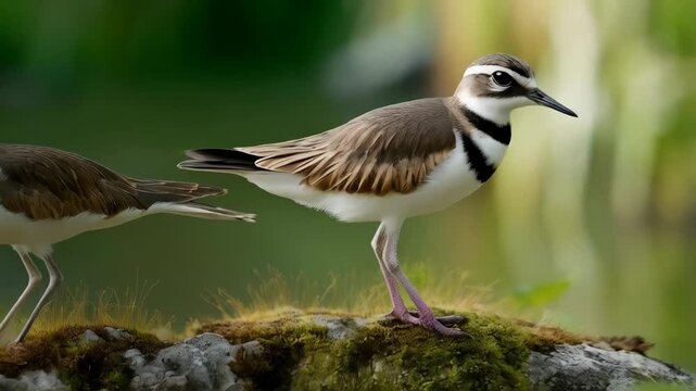 Two killdeer birds standing on mossy rocks in a natural habitat. Green background and muted lighting highlight wildlife scenery.