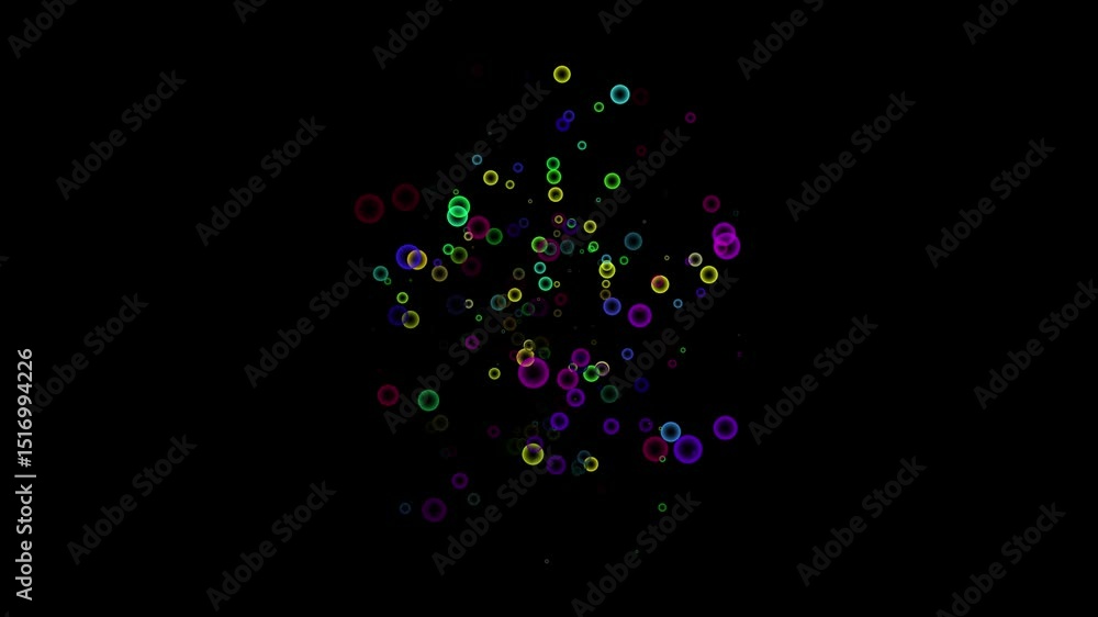 Poster colorful particle magic effect collapsing onto itself bubbles loop animation video on black backgrou