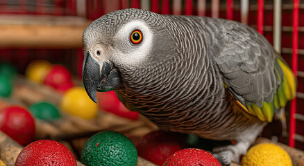 Fototapeta premium African Grey Parrot Close-Up With Colorful Balls, Showcasing Exotic Pets and Avian Conservation, Ideal for Educational Materials