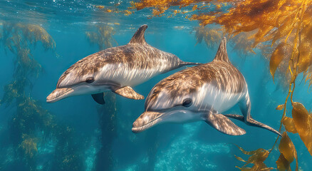 Fototapeta premium Two Dolphins Swimming Underwater Through Kelp Forest, Representing Marine Conservation and Ocean Exploration for Travel and Tourism
