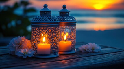 Two decorative lanterns with candles on a wooden table at sunset