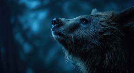 Obraz premium Majestic Grizzly Bear Looking Upwards Against a Dark Blue Background, Symbolizing Wildlife Conservation and Environmental Awareness
