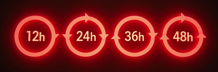 Bold circular arrow icons in bright red featuring time durations of 12 24 36 and 48 hours illustrating progression and continuity
