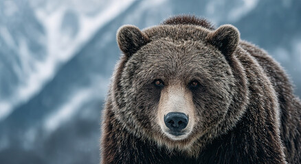 Fototapeta premium Grizzly Bear Portrait in Snowy Mountains, Showcasing Wildlife Conservation and Ecotourism Opportunities