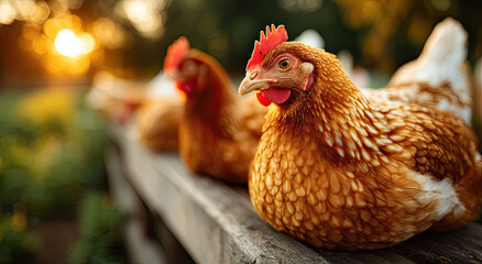 Close-Up of Brown Chickens Perched on Wooden Fence at Sunset, Symbolizing Rural Farming and Sustainable Agriculture Practices