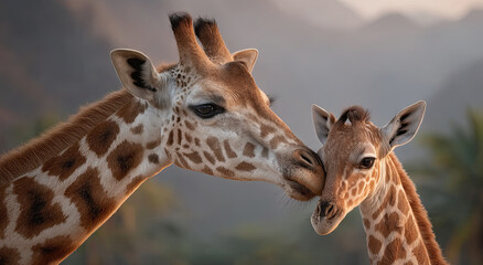 Obraz premium Giraffe Mother and Calf Nuzzling in the Warm Light of Sunset, Representing Family Love and Wildlife Conservation