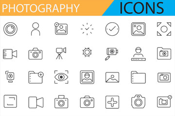 Photography icons for camera equipment, studio setups, and photo editing.

