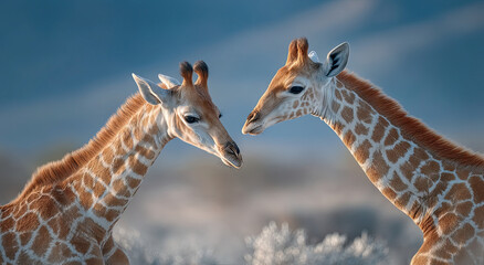 Obraz premium Two Giraffes Staring at Each Other in the African Savanna, Representing Wildlife Conservation and Animal Protection Efforts