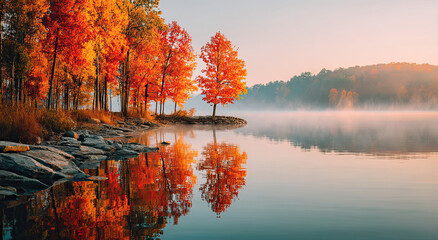 Obraz premium Autumn Trees With Orange Leaves Reflecting in Misty Lake at Sunrise, Representing Serenity and Environmental Conservation