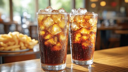 Two glasses of soda with ice on a wooden bar, blurred french fries in background