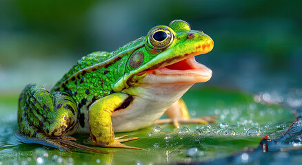 Fototapeta premium Green Frog Sitting on a Lily Pad in Water, Symbolizing Environmental Awareness and Conservation Efforts