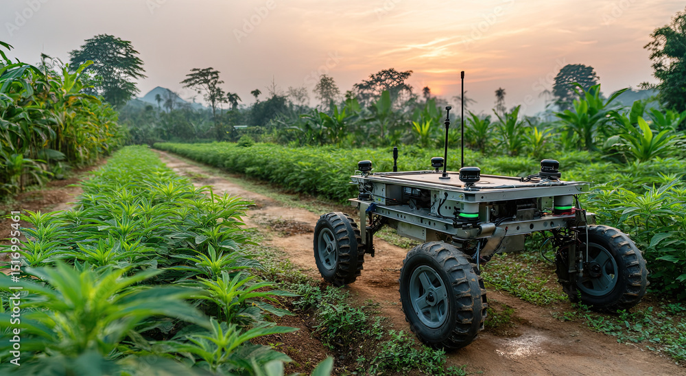 Aufkleber autonomous agricultural robot navigating rows of crops at sunset, showcasing innovation and sustaina