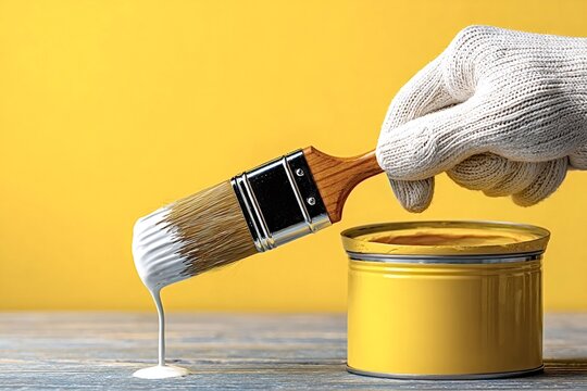 Gloved hand holding a paintbrush dripping with white paint over an open can of yellow paint against a vibrant yellow backdrop, suggesting a diy home improvement project