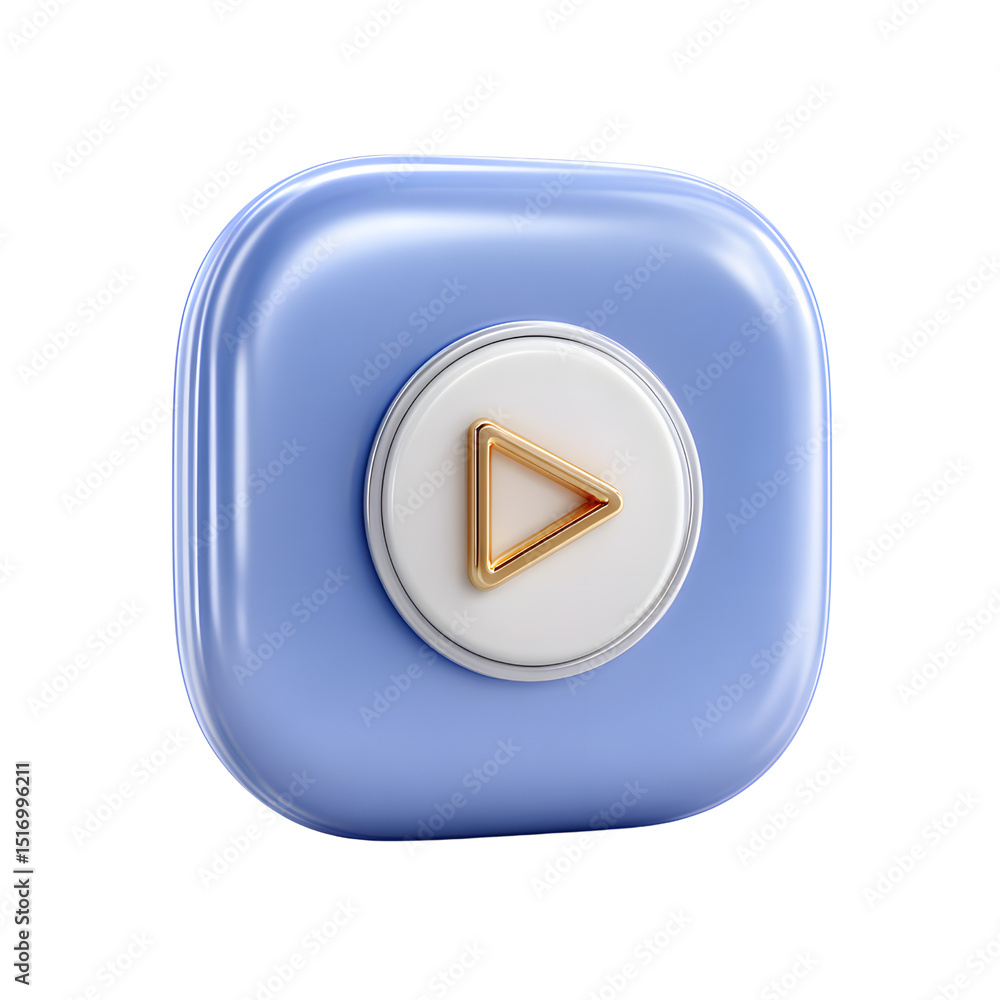 Poster a 3d render of a blue square play button with a gold triangle icon, isolated on transparent backgrou