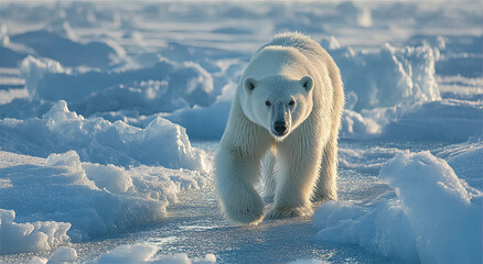 Obraz premium Polar Bear Walking on Ice Floes in Arctic Sunlight, Representing Wildlife Conservation and Climate Change Awareness