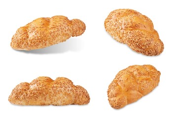 Sesame seeds braided bun on a white isolated background