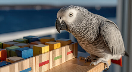 African Grey Parrot Perched Near Colorful Wooden Blocks, Symbolizing Playful Learning and Cognitive Development in Animal Training Programs