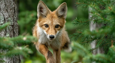 Fototapeta premium Red Fox Portrait in Forest, Representing Wildlife Conservation and Environmental Awareness, Perfect for Nature Bloggers and Animal Lovers Alike