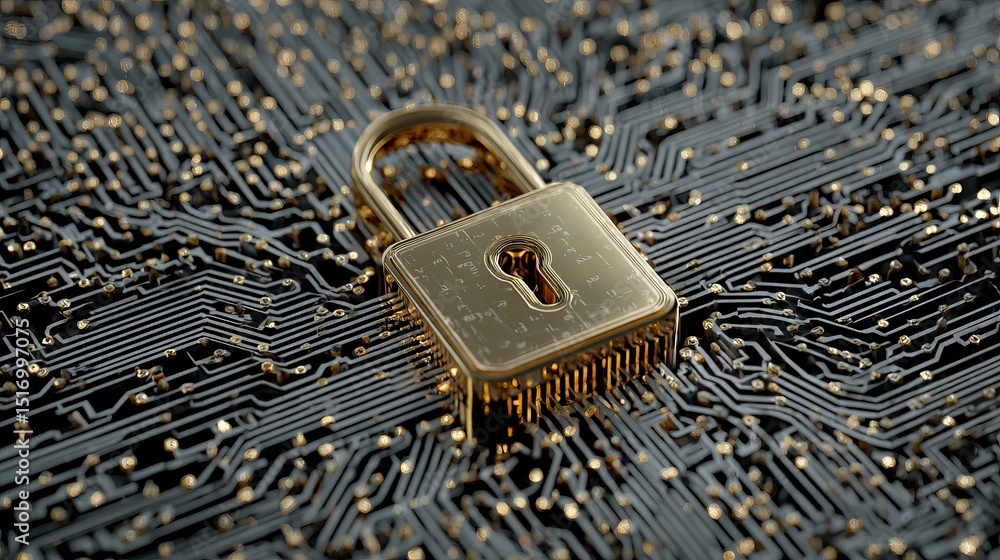 Poster golden padlock on circuit board digital security technology concept modern abstract background high 