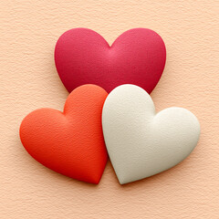 Fototapeta premium Three textured heart shapes in red, orange and white on a soft peach background, symbolizing love.