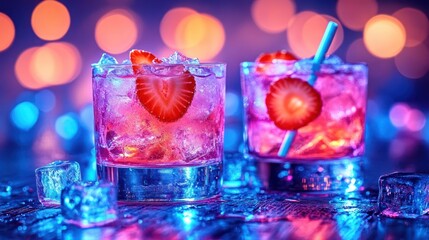 Two vibrant pink cocktails with fresh strawberries, ice, and a glowing, out-of-focus background