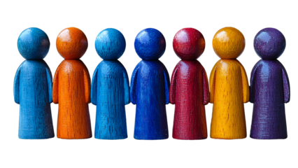 Row of colorful wooden people figures isolated on transparent background