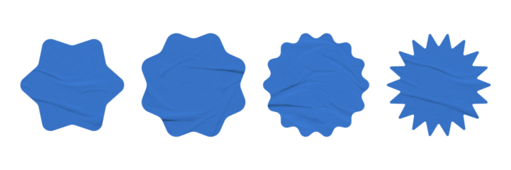 Blue starburst shape with crumpled grunge retro texture. Retro shape star glue paper elements set.