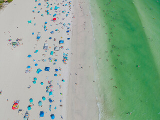 Beautiful aerial view of Sarasota, the magnificent white sand beach, and its iconic St. Armands Circle
