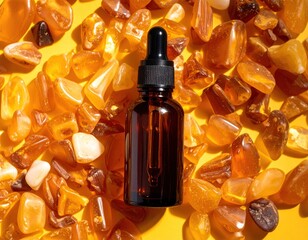 Amber essence dropper bottle surrounded by amber stones on yellow background