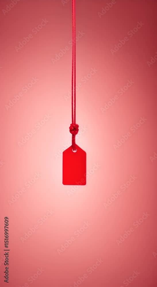 Poster a red tag hangs from a red string on a red background 4k vertical