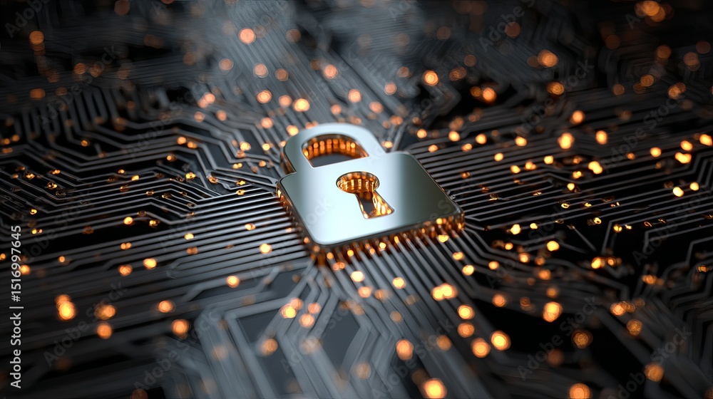Poster cybersecurity digital lock on circuit board abstract technology background image modern secure data 