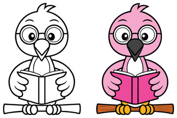 Cartoon Bird Reading a Book Comparison between Black and White and Color