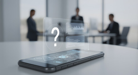 Smartphone showing large question mark with data chart and communication window overlay