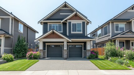 Fototapeta premium Two-story home with a double garage, nestled in a neighborhood of similar homes